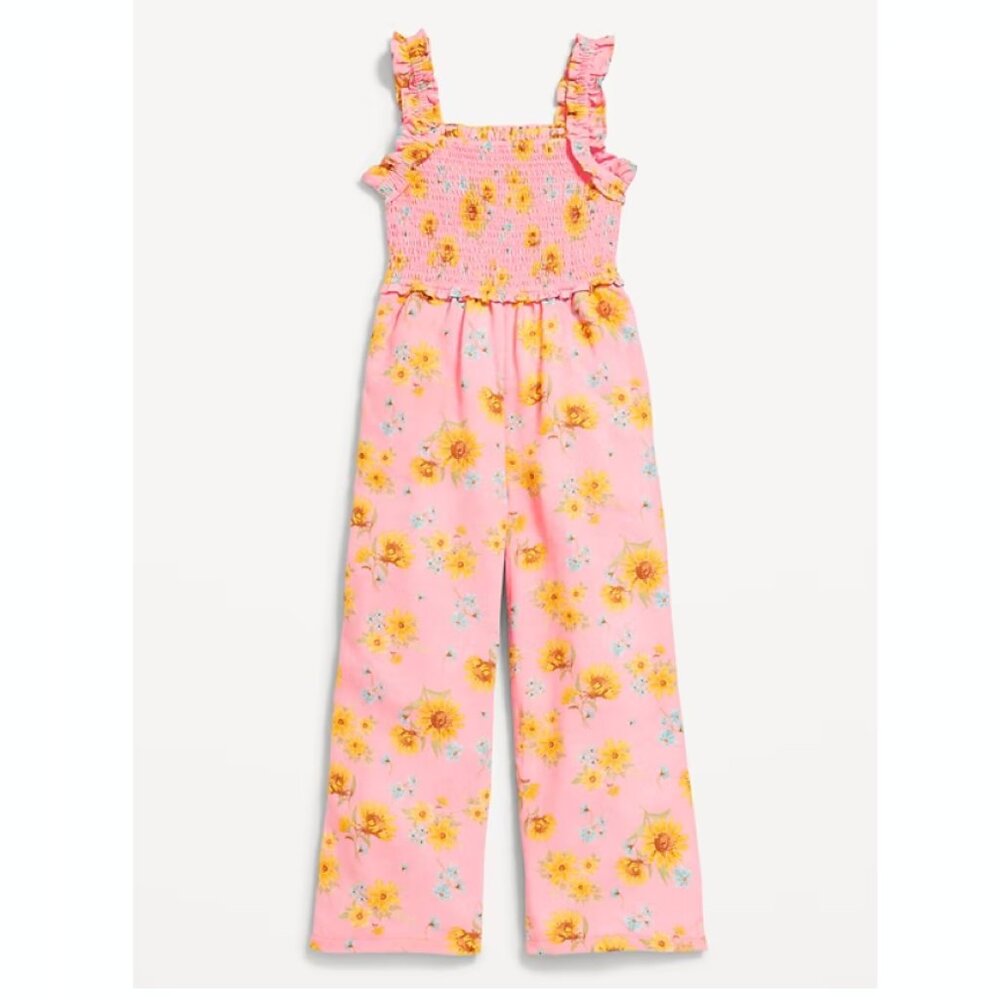 Old Navy Girls Sleeveless Smocked Ruffle-Trim Jumpsuit Pink Sunflower Romper NWT